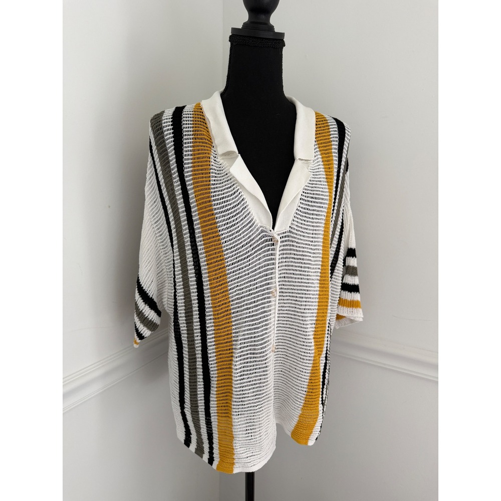 Topshop Striped sheer‎ Crochet Knit Polo Shirt women's Size M oversized